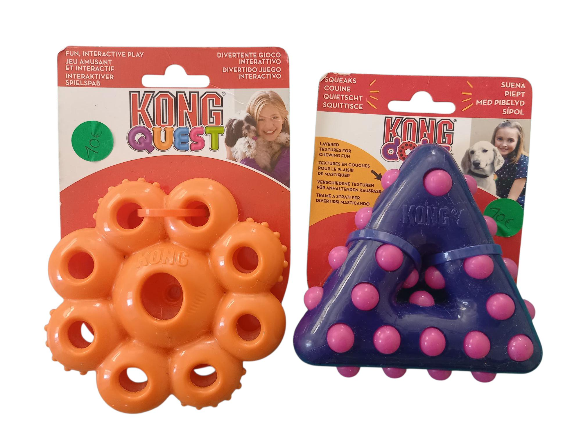 jouet pour chien kong dotz, un rond orange et un triangle violet