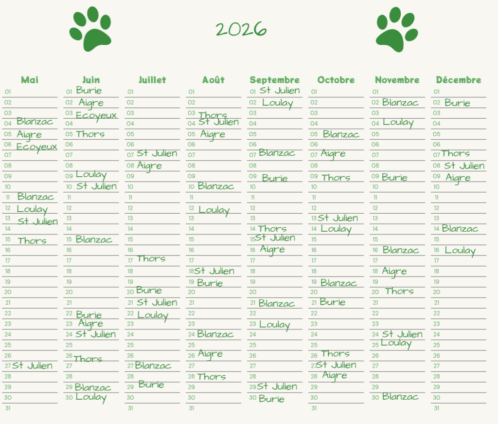 Planning toilettage 2026